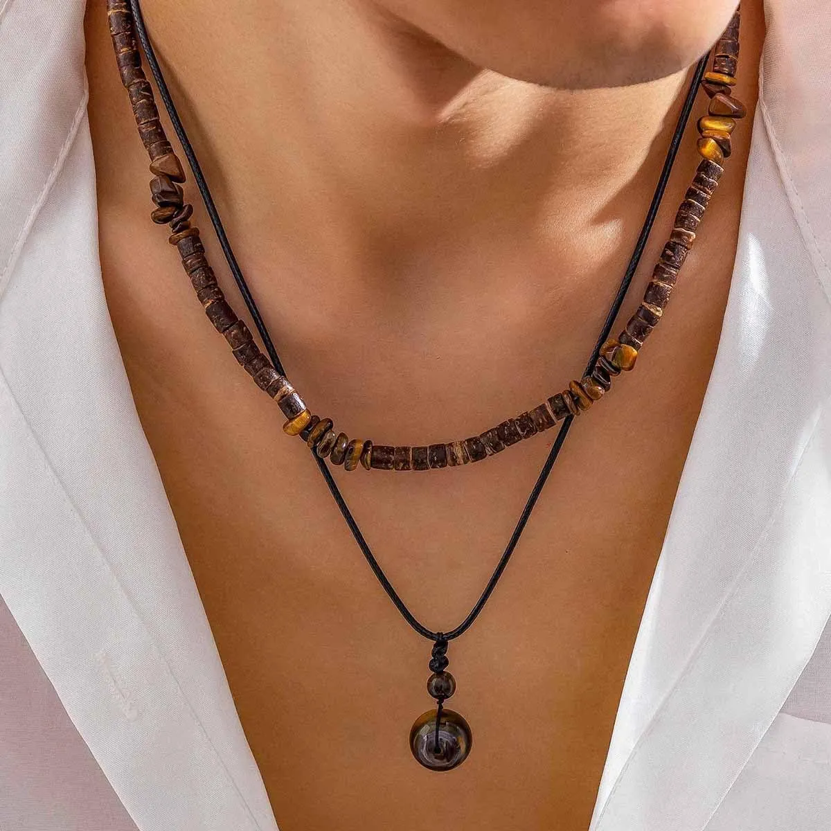 Puka Shell Necklace - Men's Surfer & Beach Necklace with Hawaiian Beaded, Coconut & Conch Seashell Designs - Wood Heishi & Summer Jewelry