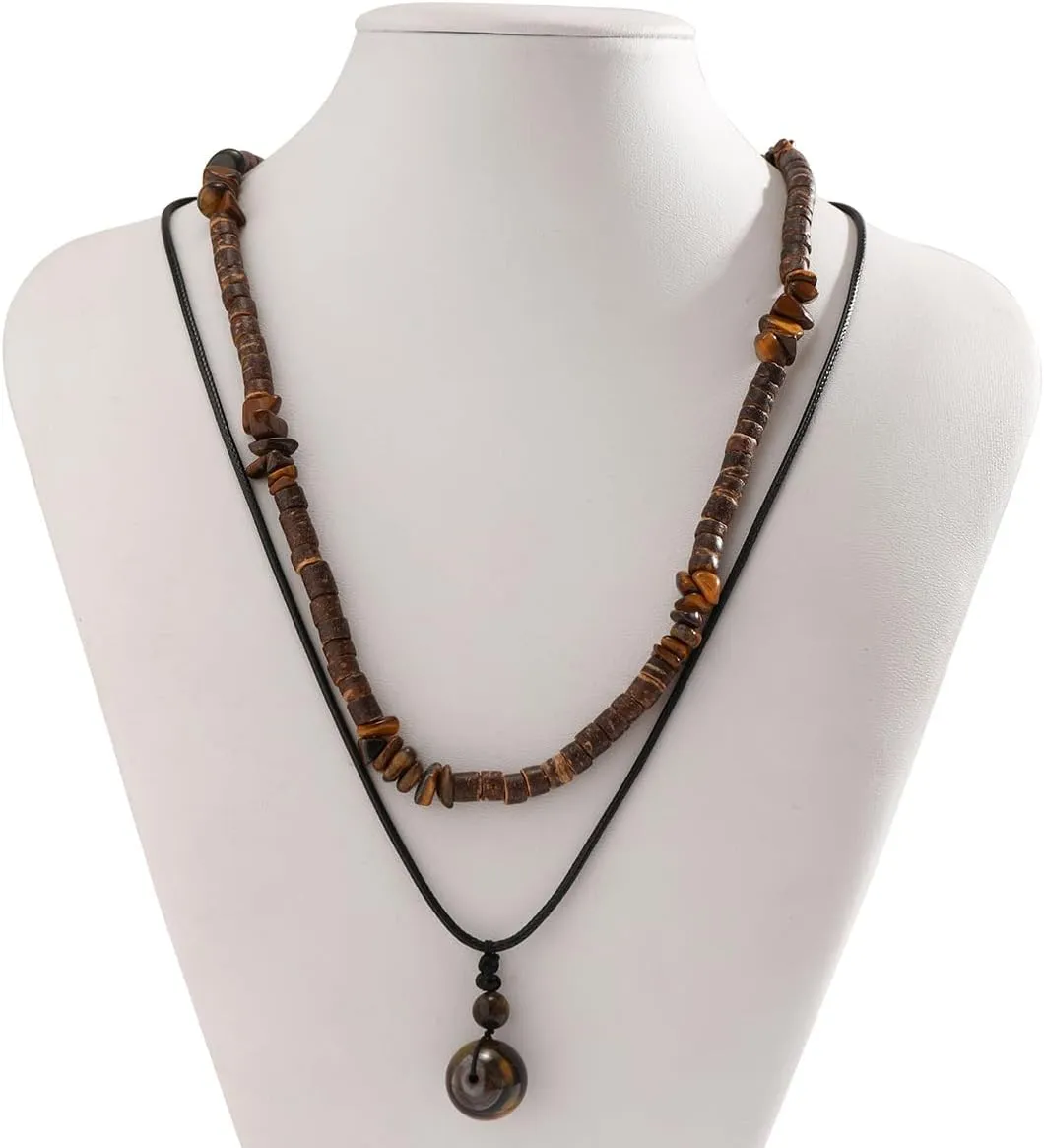 Puka Shell Necklace - Men's Surfer & Beach Necklace with Hawaiian Beaded, Coconut & Conch Seashell Designs - Wood Heishi & Summer Jewelry
