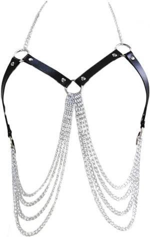 Punk Layered Sexy Chest Chains Silver Leather Body Chains Ring Rave Harness Chain Body Chain Jewelry for Women