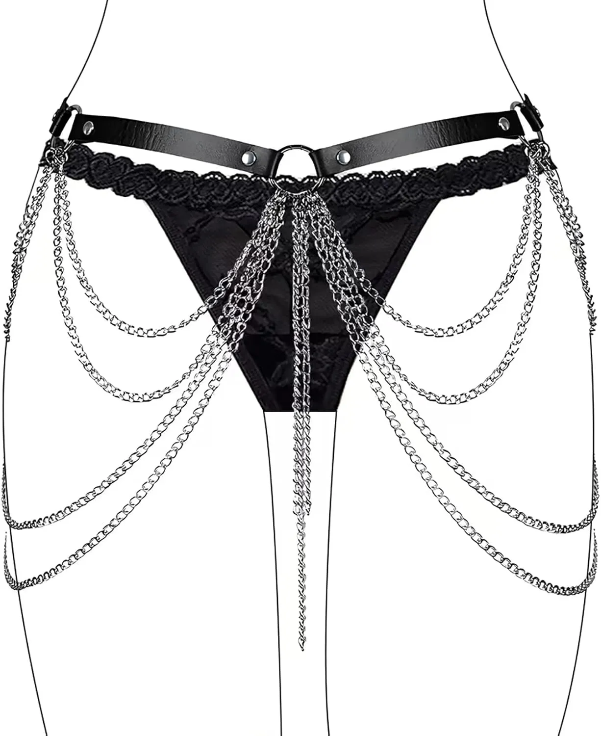 Punk Leather Belly Waist Chain Belt,Punk Sexy Gothic Jewelry Accessories Waist Chain Goth Belt Silver Layered Body Chains