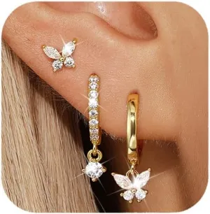 QUINBY 3 Pairs Butterfly Stackable Earrings for Women,14K Gold Plated Hypoallergenic Stud,Dangle Hoop Set with Cubic Zirconia,Perfect for Everyday,Special Occasions