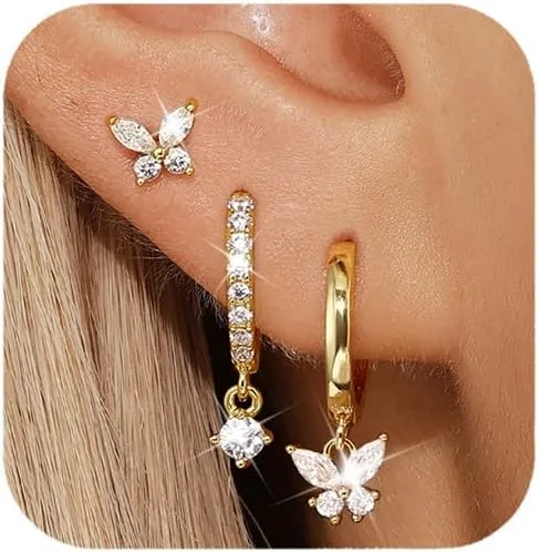QUINBY 3 Pairs Butterfly Stackable Earrings for Women,14K Gold Plated Hypoallergenic Stud,Dangle Hoop Set with Cubic Zirconia,Perfect for Everyday,Special Occasions