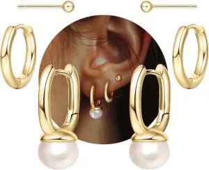 Real Pearl Gold Huggie & Stacked Earring Sets Multiple Piercing - Gold Plated Sterling Silver Layered Earrings, Natural Pearl Drop Huggie/Simple Small Gold Hoop/Gold Ball Cartilage Stud