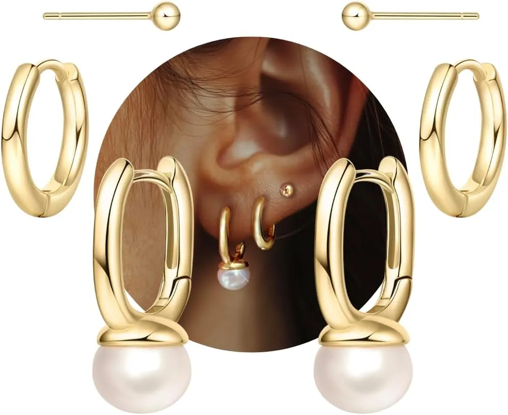 Real Pearl Gold Huggie & Stacked Earring Sets Multiple Piercing - Gold Plated Sterling Silver Layered Earrings, Natural Pearl Drop Huggie/Simple Small Gold Hoop/Gold Ball Cartilage Stud