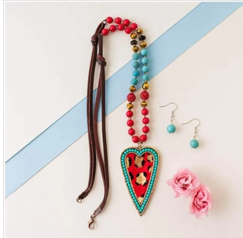 Red & Turquoise Beaded Necklace with Gold Leopard Heart Pendant