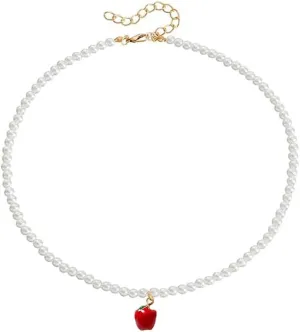 Red Apple Pearl Choker Necklace For Women Gold Sweet Adorrable Pearls Beaded Clavicle Chain Necklaces Lovely Handmade Green Leaf Pendant Fresh Cute Tropical Fruit Charm Summer Holiday Jewelry Gifts