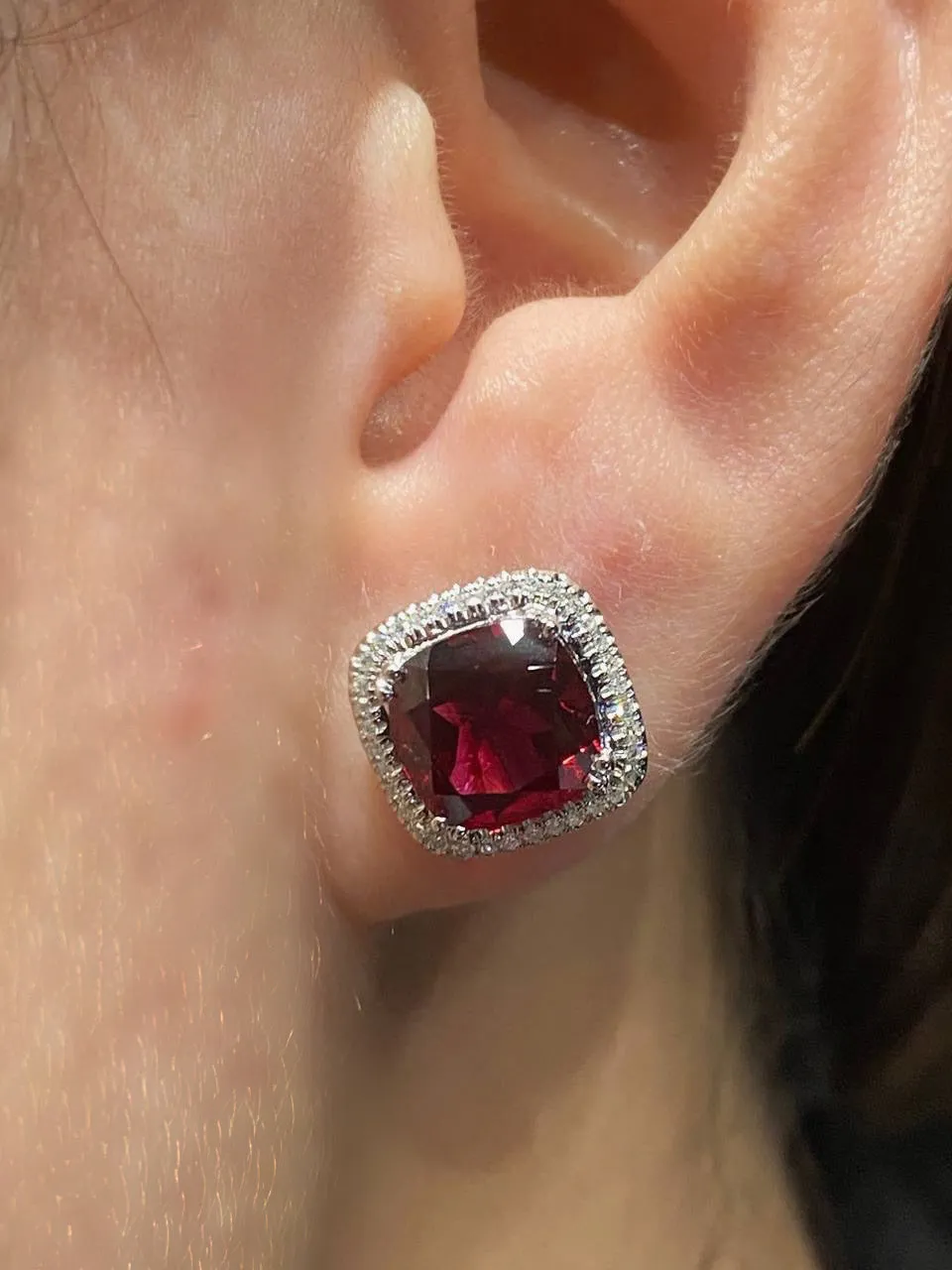 Red Ruby Cushion Gemstones Diamond Earrings 14kt