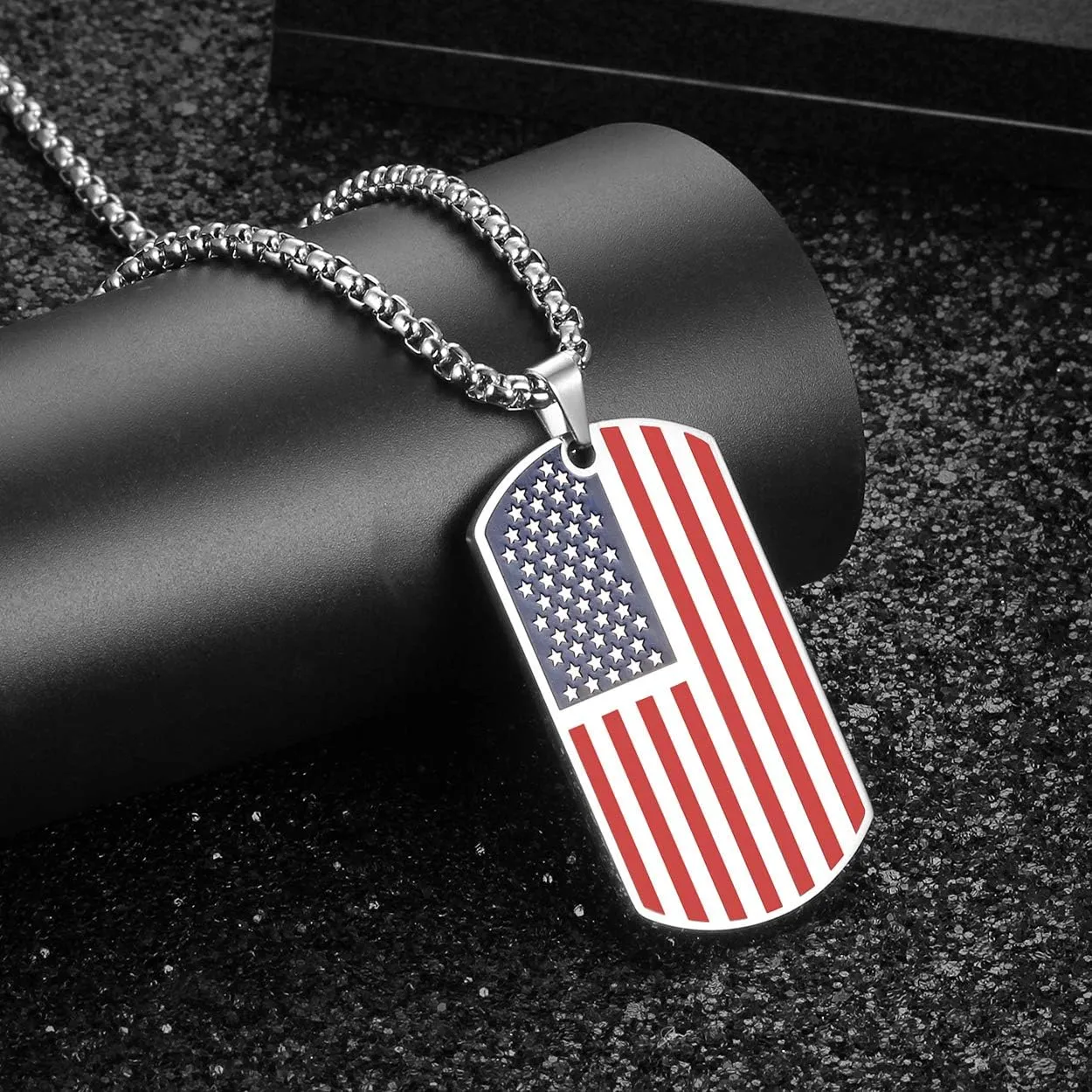 Rehoboth American USA Flag Dog Tag Pendant Necklace for Women Men 24" Chain Keep American Great on The Back