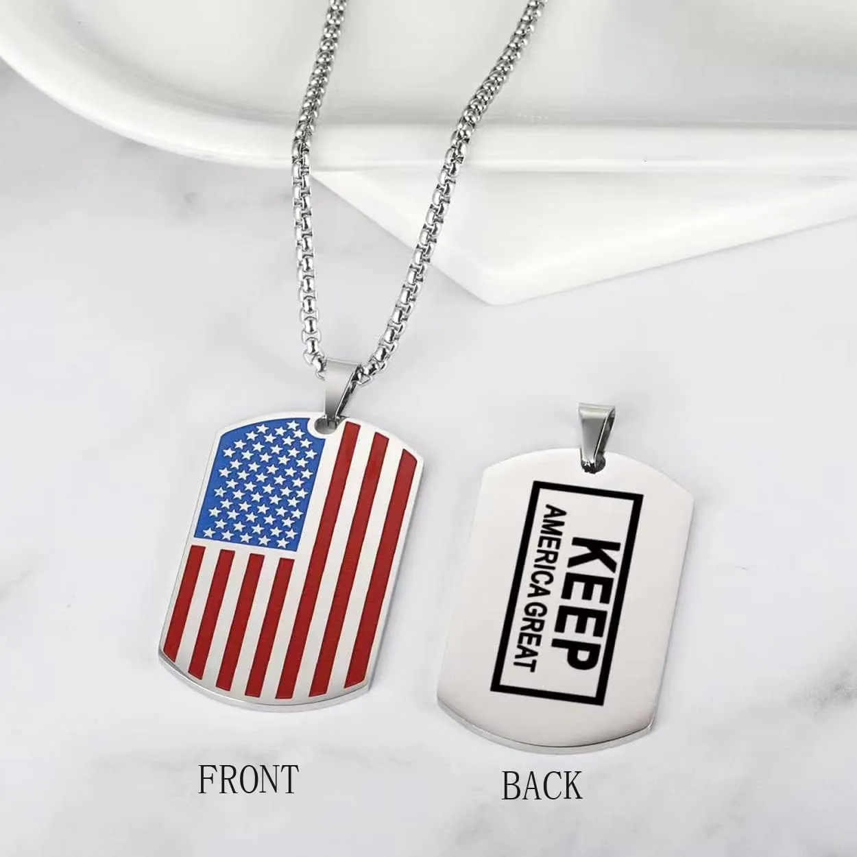 Rehoboth American USA Flag Dog Tag Pendant Necklace for Women Men 24" Chain Keep American Great on The Back