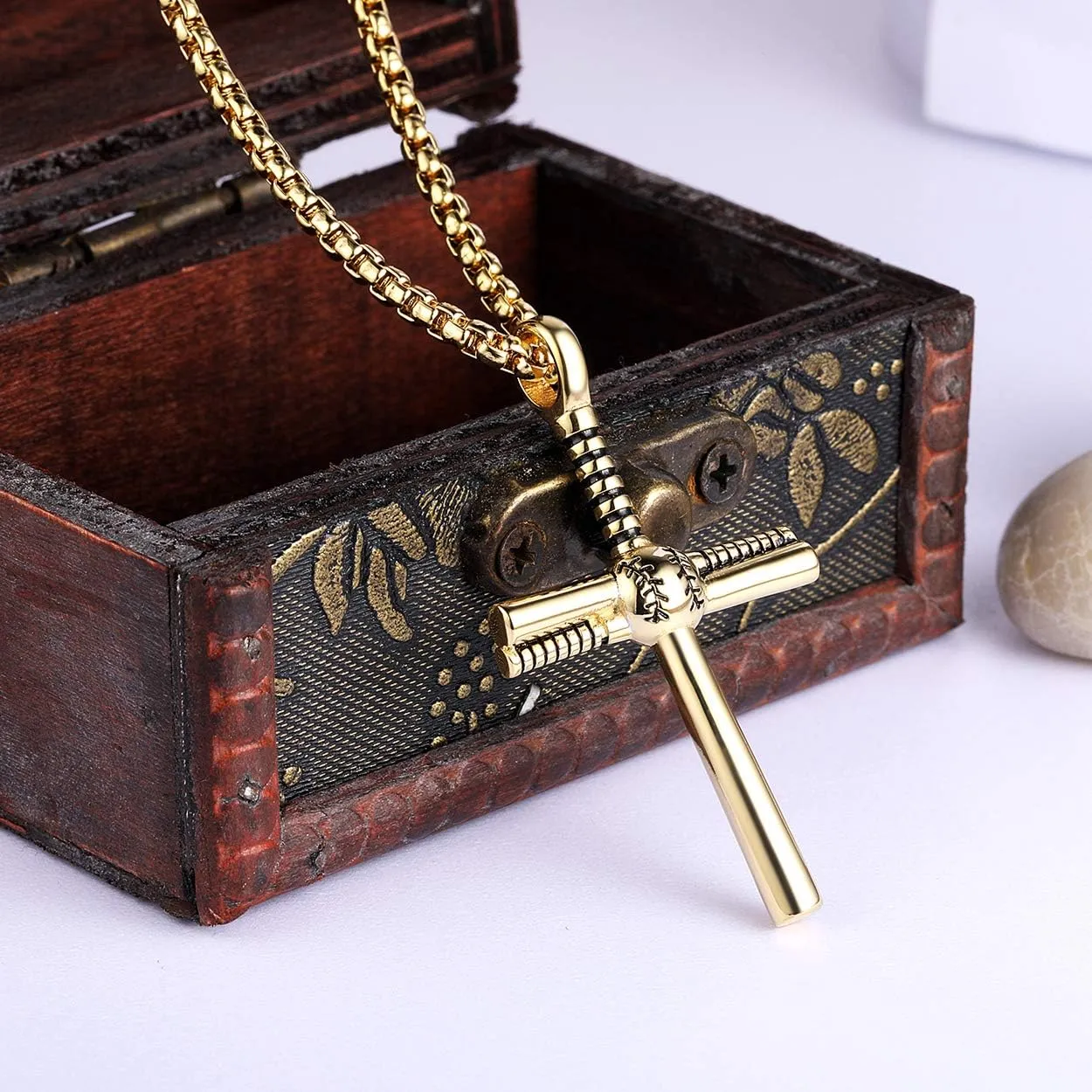 Rehoboth Baseball Bat Cross Pendant Necklace for Men Women with 22 2" Adjustable Stainless Steel Chain Black Gold Silver