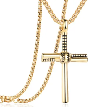 Rehoboth Baseball Bat Cross Pendant Necklace for Men Women with 22 2" Adjustable Stainless Steel Chain Black Gold Silver