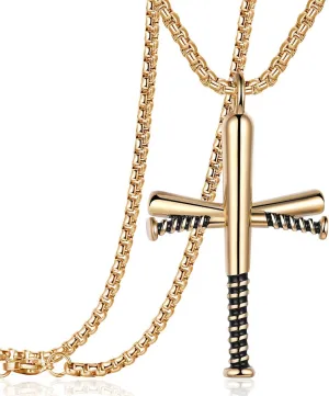 Rehoboth Baseball Bat Cross Pendant Necklace for Men Women with 24" Stainless Steel Chain Black Gold Silver
