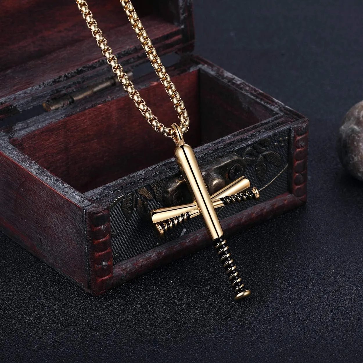 Rehoboth Baseball Bat Cross Pendant Necklace for Men Women with 24" Stainless Steel Chain Black Gold Silver