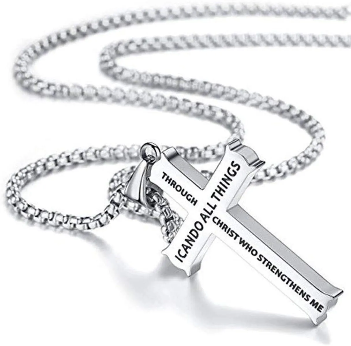 Rehoboth Bible Verse Cross Pendant Necklaces for Men Women Philippians 4:13 Strength Bible Verse I CAN DO All Things Stainless Steel 24 Inch Chain