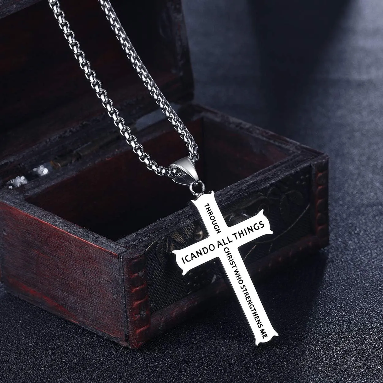 Rehoboth Bible Verse Cross Pendant Necklaces for Men Women Philippians 4:13 Strength Bible Verse I CAN DO All Things Stainless Steel 24 Inch Chain