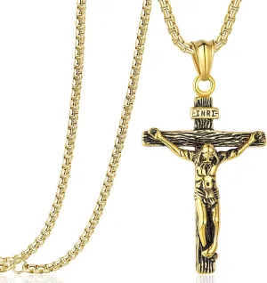 Rehoboth Jesus Christ on INRI Crucifix Cross Pendant Necklace for Teens Womens Mens with 24 Inch Stainless Steel Chain
