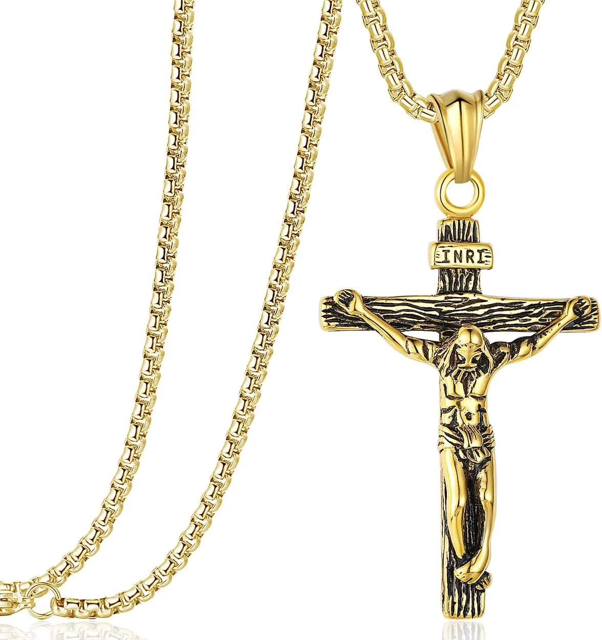 Rehoboth Jesus Christ on INRI Crucifix Cross Pendant Necklace for Teens Womens Mens with 24 Inch Stainless Steel Chain