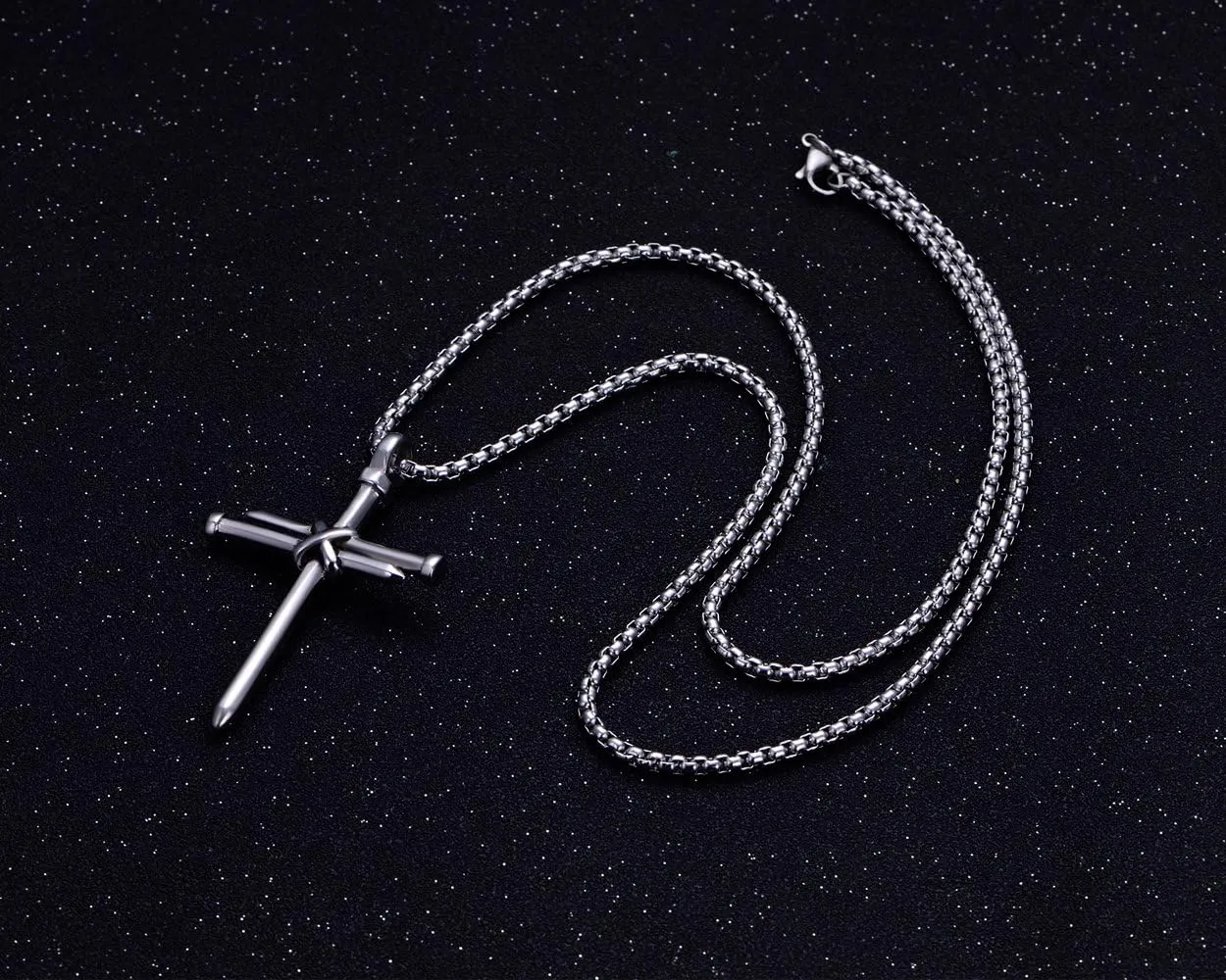 Rehoboth Men's Stainless Steel Nail Cross Pendant Necklace with 24 Inch Chain Polished Black Gold Silver