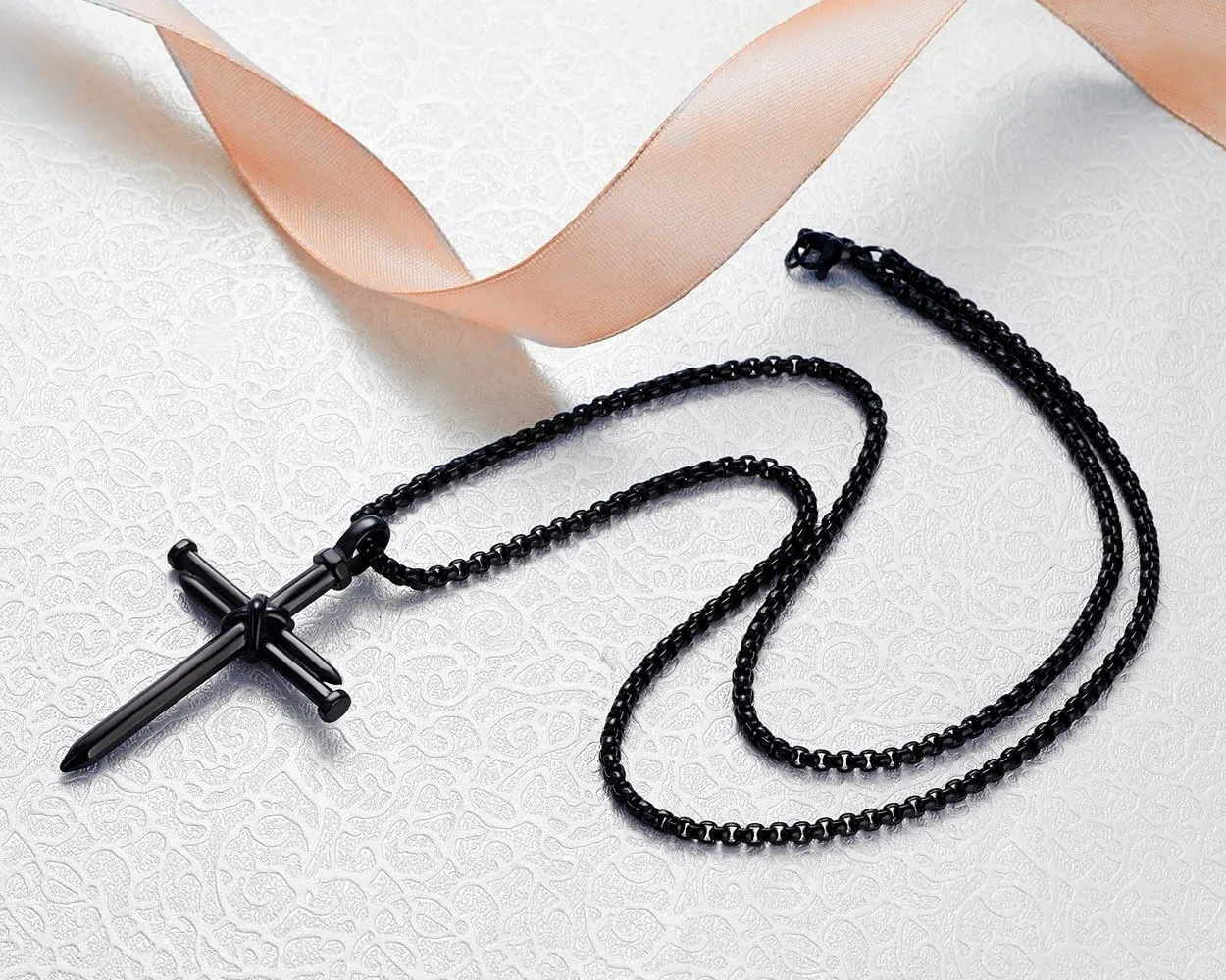 Rehoboth Men's Stainless Steel Nail Cross Pendant Necklace with 24 Inch Chain Polished Black Gold Silver