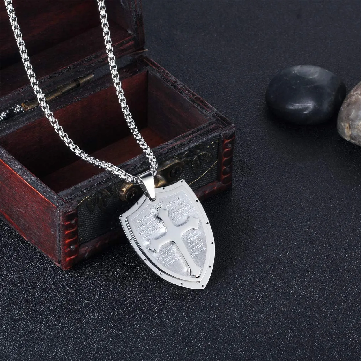 Rehoboth Mens Stainless Steel Shield Armor of God Cross Pendant Necklace Bible Verse Ephesians 6:16-17 Chain 24" for Women Men Black Silver