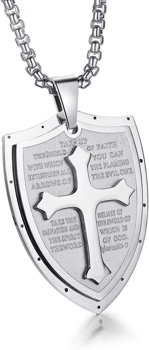 Rehoboth Mens Stainless Steel Shield Armor of God Cross Pendant Necklace Bible Verse Ephesians 6:16-17 Chain 24" for Women Men Black Silver