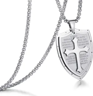 Rehoboth Mens Stainless Steel Shield Armor of God Cross Pendant Necklace Bible Verse Ephesians 6:16-17 Chain 24" for Women Men Black Silver