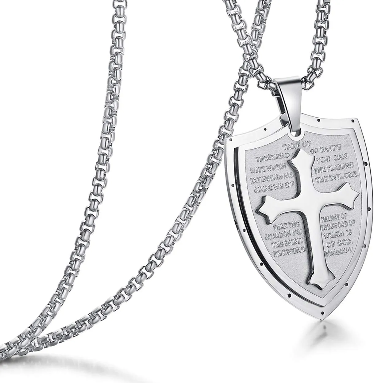 Rehoboth Mens Stainless Steel Shield Armor of God Cross Pendant Necklace Bible Verse Ephesians 6:16-17 Chain 24" for Women Men Black Silver