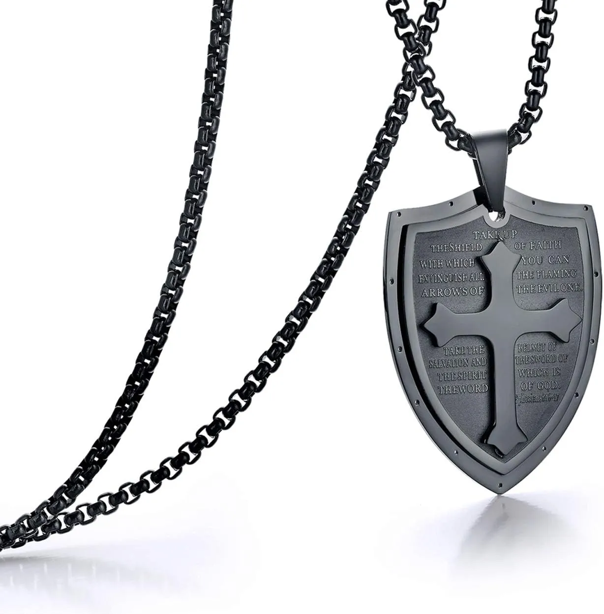 Rehoboth Mens Stainless Steel Shield Armor of God Cross Pendant Necklace Bible Verse Ephesians 6:16-17 Chain 24" for Women Men Black Silver