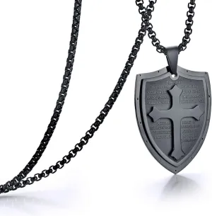 Rehoboth Mens Stainless Steel Shield Armor of God Cross Pendant Necklace Bible Verse Ephesians 6:16-17 Chain 24" for Women Men Black Silver