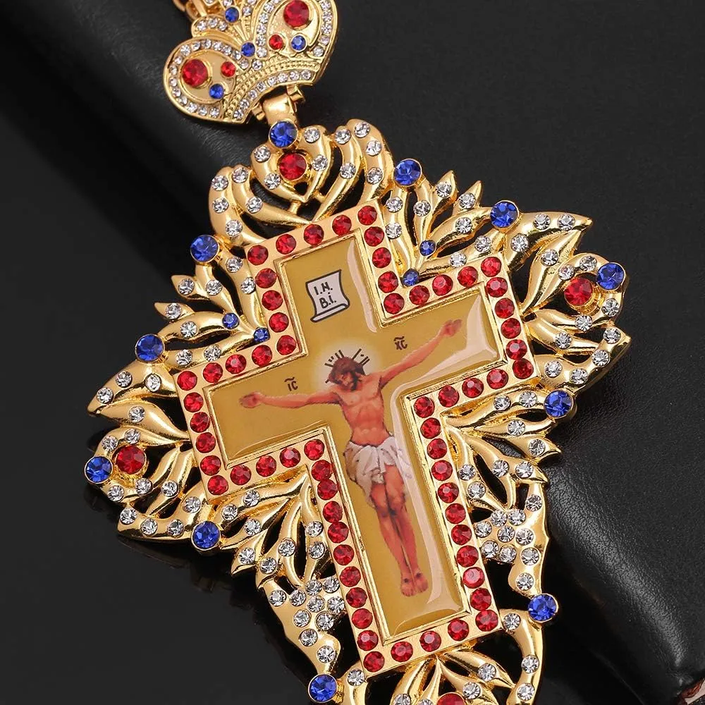 Religious Jesus Crucifix Jeweled Necklace - Religious Jewelry CZ Eastern Orthodox Cross Pendant Necklace Zircons Crystals Christian Church Priest Crucifix Orthodox Baptism Gift