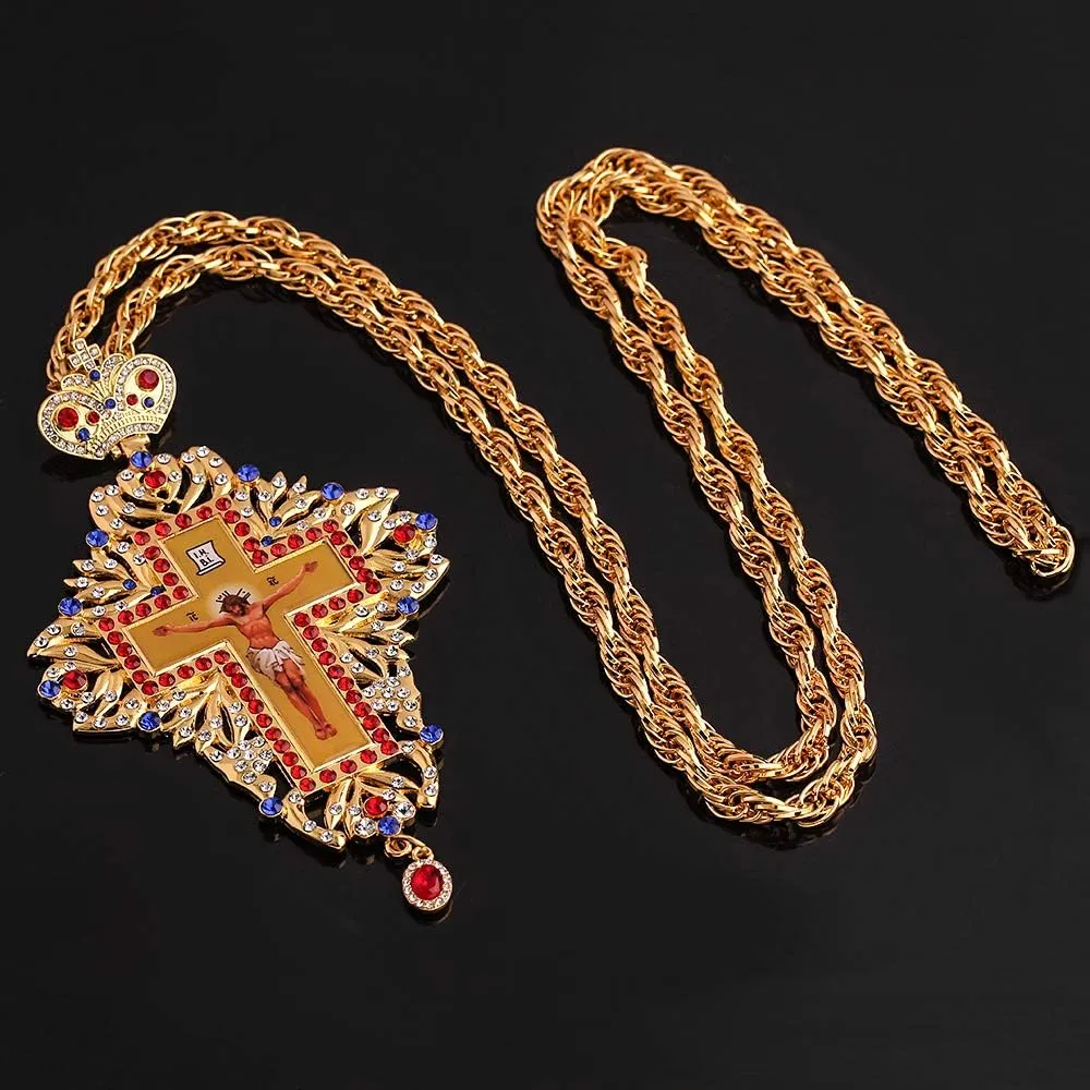 Religious Jesus Crucifix Jeweled Necklace - Religious Jewelry CZ Eastern Orthodox Cross Pendant Necklace Zircons Crystals Christian Church Priest Crucifix Orthodox Baptism Gift