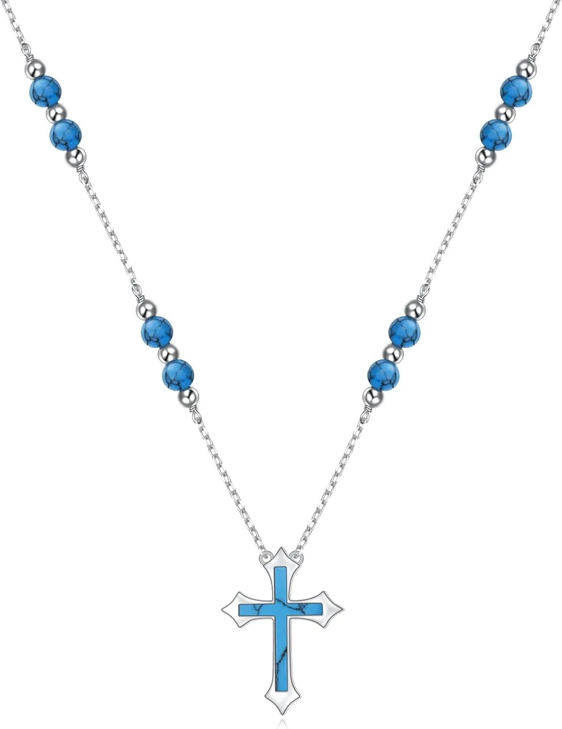 Religious Turquoise Cross Necklace S925 Sterling Silver Cross Pendant Western Jewelry Gifts for Women Men