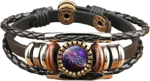 Retro 12 Zodiac Constellation Braided Bracelet Punk Adjustable Handwoven Rope PU Leather Chain Wrap Bracelet for Woman Man Friend Friendship Wrist Jewelry Birthday Gift
