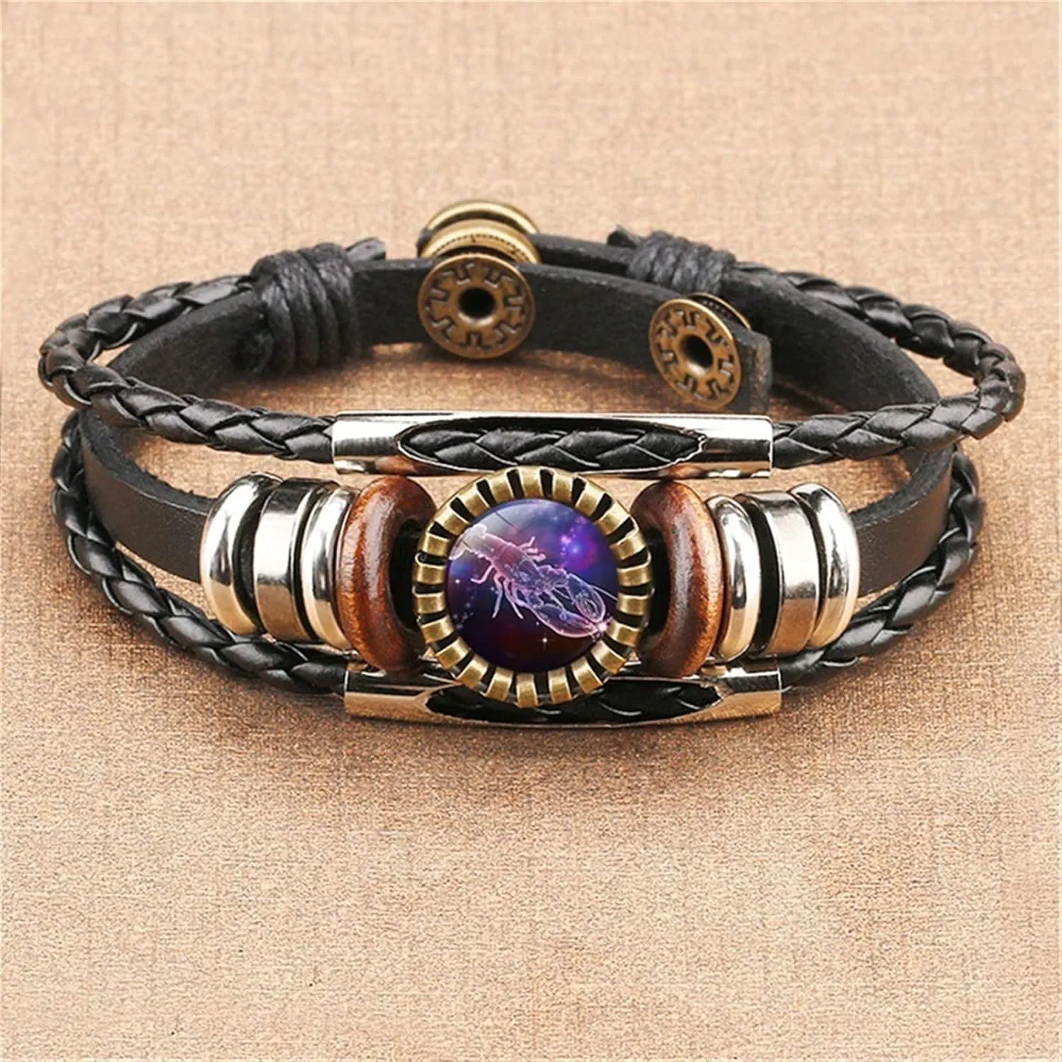 Retro 12 Zodiac Constellation Braided Bracelet Punk Adjustable Handwoven Rope PU Leather Chain Wrap Bracelet for Woman Man Friend Friendship Wrist Jewelry Birthday Gift