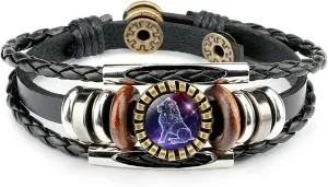 Retro 12 Zodiac Constellation Braided Bracelet Punk Adjustable Handwoven Rope PU Leather Chain Wrap Bracelet for Woman Man Friend Friendship Wrist Jewelry Birthday Gift