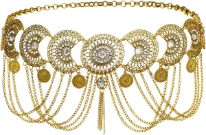 Retro Coin Tassels Pendant Belly Dance Body Chain Waist Chains Adjustable Gypsy Carving Beach Belt Body Jewelry Accessory for Women Girls
