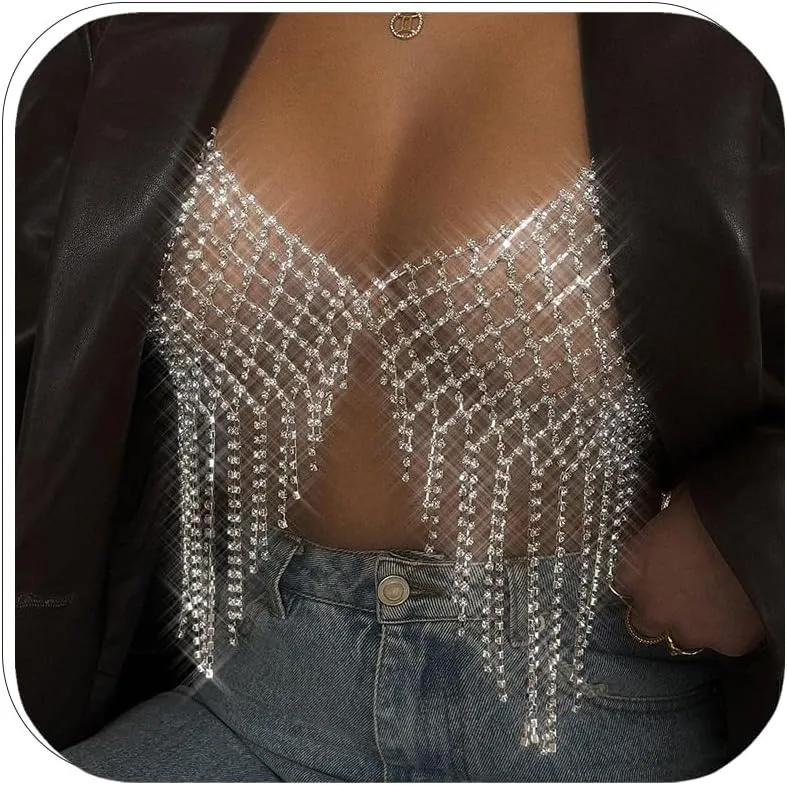Rhinestone Mesh Chest Chain Body Jewelry for Women Sexy, Tassel Crystal Body Chains Bra Silver Nightclub Festival Accessories (Silver)