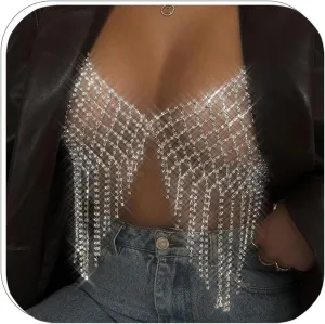 Rhinestone Mesh Chest Chain Body Jewelry for Women Sexy, Tassel Crystal Body Chains Bra Silver Nightclub Festival Accessories (Silver)