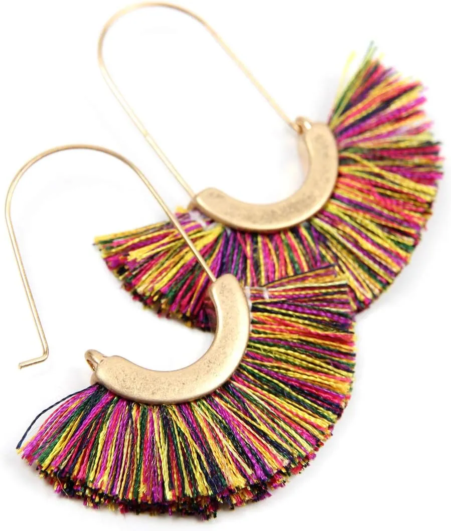 RIAH FASHION Bohemian Lightweight Silky Thread Tassel Statement Drop Earrings - Chandelier Duster, Sparkly Druzy Jewel Stone