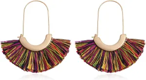 RIAH FASHION Bohemian Lightweight Silky Thread Tassel Statement Drop Earrings - Chandelier Duster, Sparkly Druzy Jewel Stone