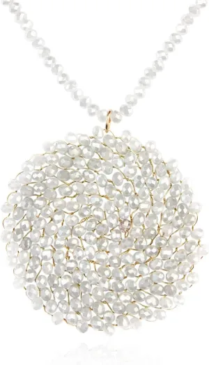 RIAH FASHION Women's Bohemian Beaded Circle Pendant Long Statement Necklace - Sparkly Crystal Disc Wired Round Charm