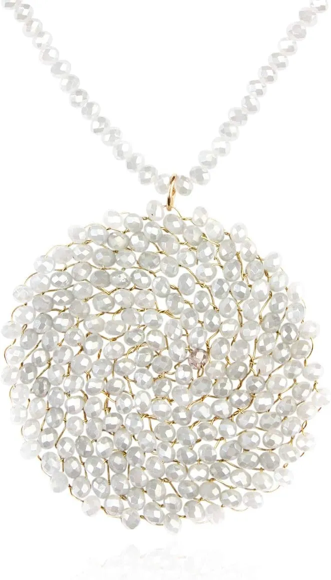 RIAH FASHION Women's Bohemian Beaded Circle Pendant Long Statement Necklace - Sparkly Crystal Disc Wired Round Charm