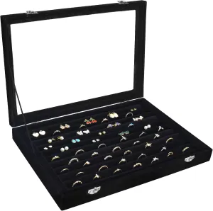 Rings Organizer Tray 10 Slots Velvet Ring Display Tray Insert Jewelry Earring Storage Box with Transparent Glass lid Can Hold 100 Rings Earrings Suitable for Girls and Women (Black)