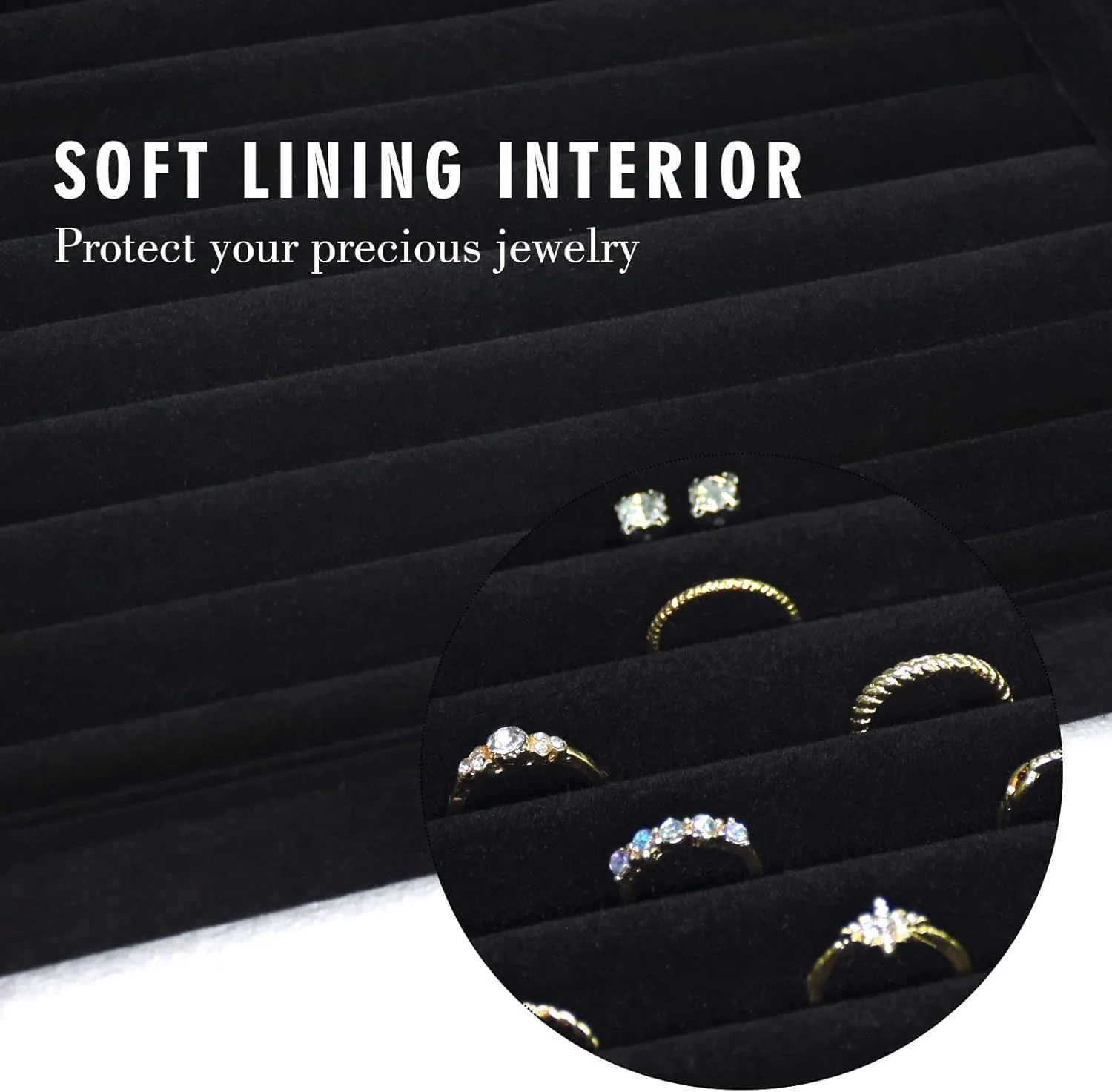 Rings Organizer Tray 10 Slots Velvet Ring Display Tray Insert Jewelry Earring Storage Box with Transparent Glass lid Can Hold 100 Rings Earrings Suitable for Girls and Women (Black)