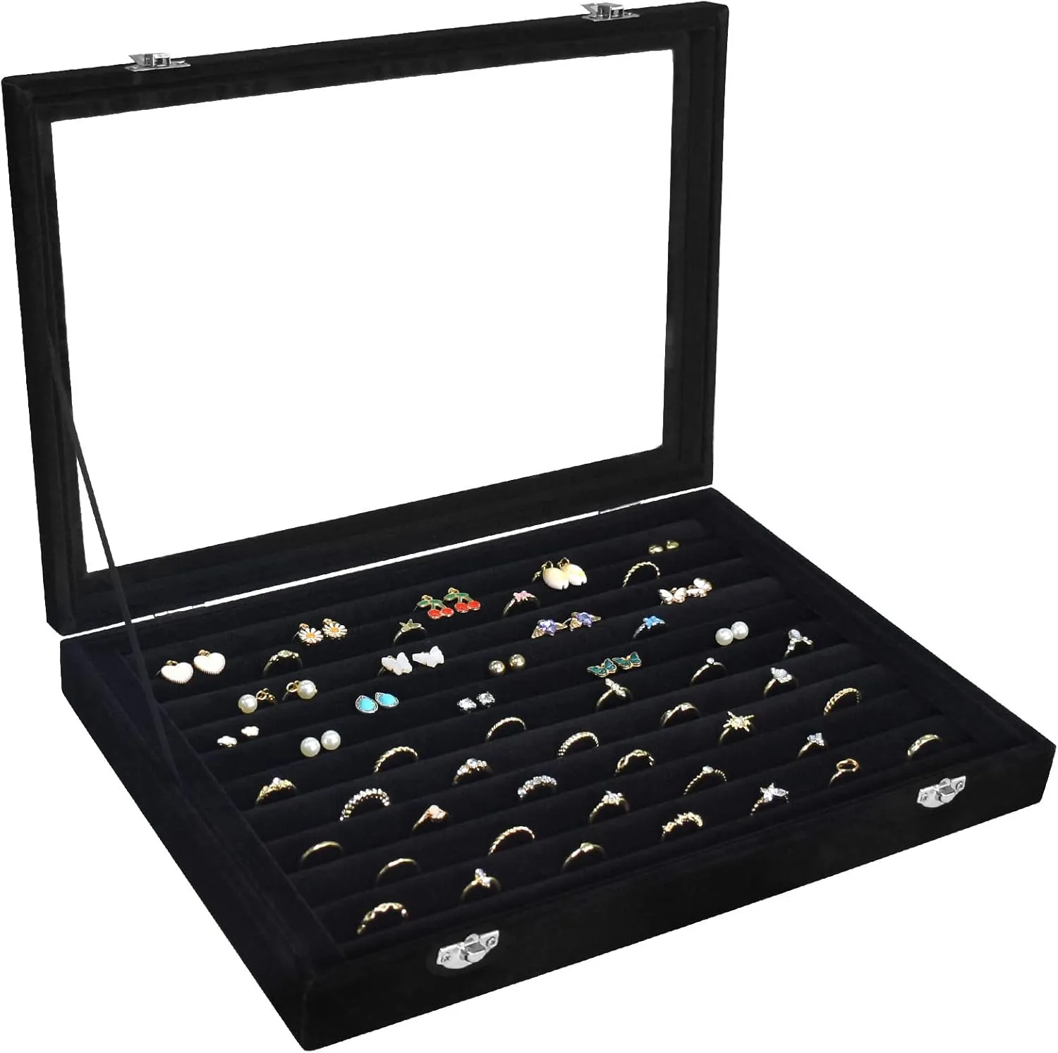 Rings Organizer Tray 10 Slots Velvet Ring Display Tray Insert Jewelry Earring Storage Box with Transparent Glass lid Can Hold 100 Rings Earrings Suitable for Girls and Women (Black)