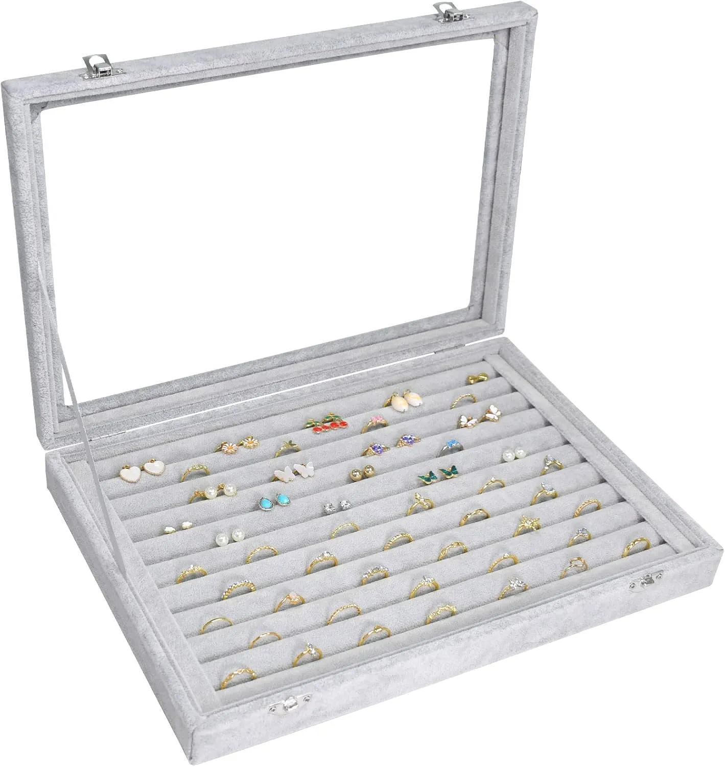 Rings Organizer Tray 10 Slots Velvet Ring Display Tray Insert Jewelry Earring Storage Box with Transparent Glass lid Can Hold 100 Rings Earrings Suitable for Girls and Women (Grey)