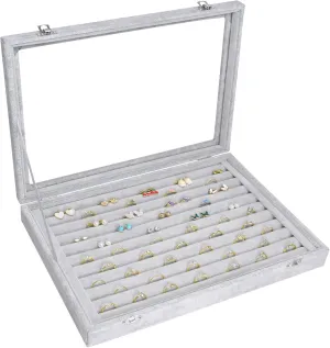 Rings Organizer Tray 10 Slots Velvet Ring Display Tray Insert Jewelry Earring Storage Box with Transparent Glass lid Can Hold 100 Rings Earrings Suitable for Girls and Women (Grey)