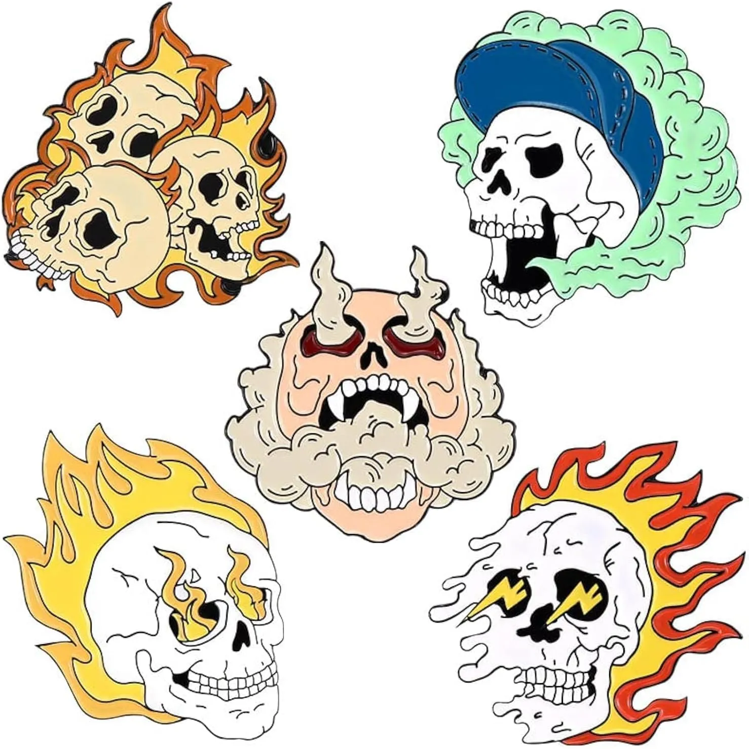 ROFARSO Skull Enamel Lapel Pin Set Smoke Fire Skull Pin, Halloween Accessory for Backpacks Clothing Bags Hats Shirts