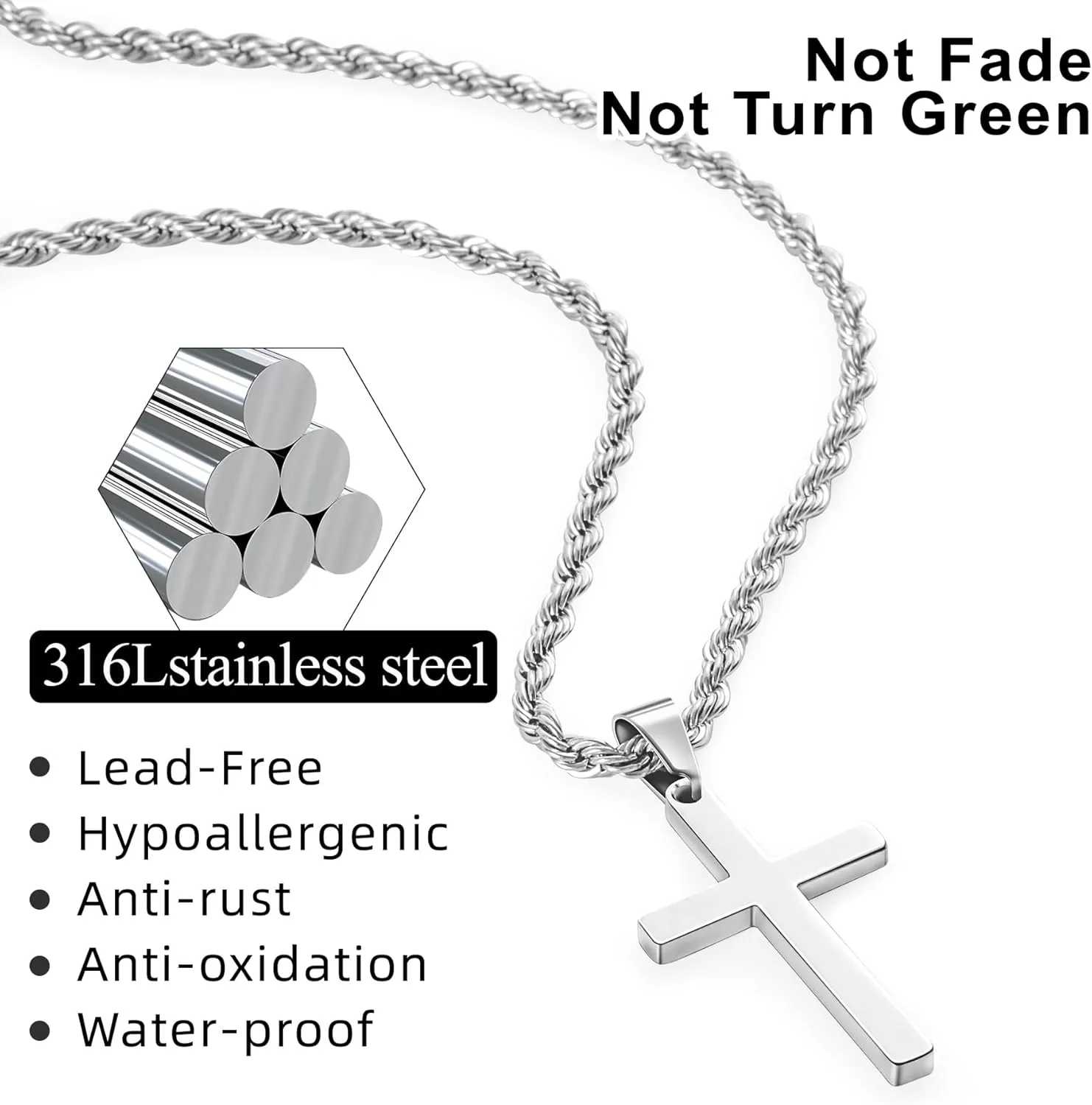 Romass 4Pcs Cross Necklace for Men,Silver Black Layered Necklace for Men Stainless Steel Cross Chain Pendant Jewelry Box Gifts 18-24 Inches