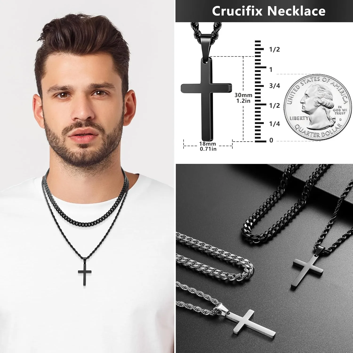 Romass 4Pcs Cross Necklace for Men,Silver Black Layered Necklace for Men Stainless Steel Cross Chain Pendant Jewelry Box Gifts 18-24 Inches